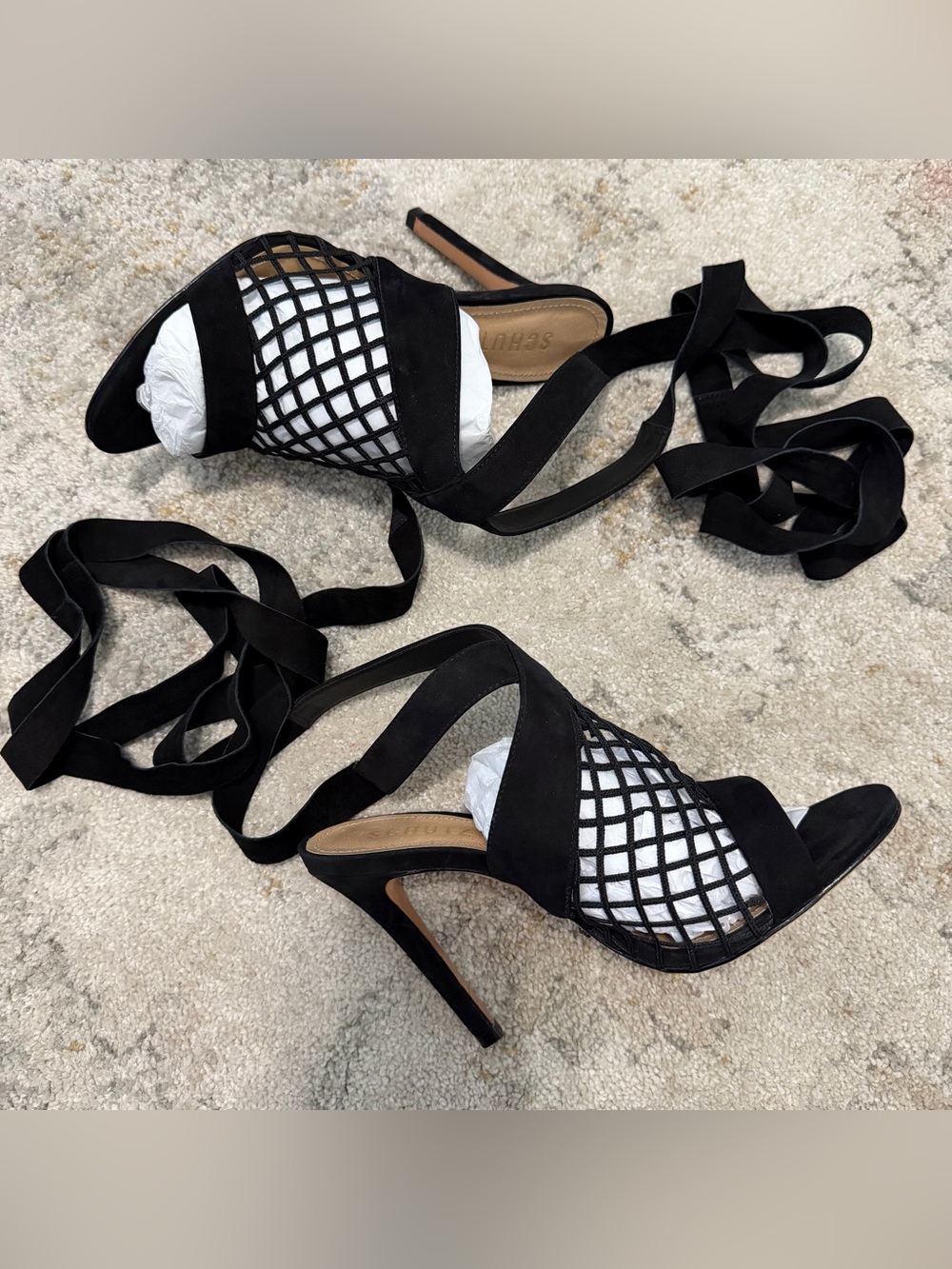 SCHUTZ Black Lattice Wrap High Heel Sandals